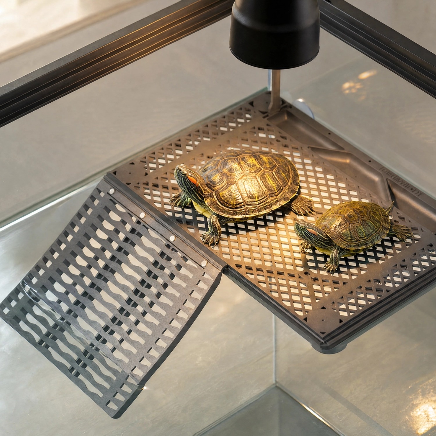 Two turtles basking on a Halomyth platform under a heat lamp